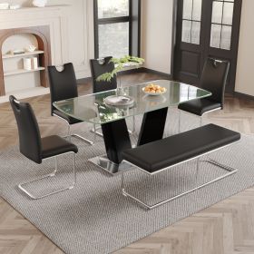 Modern Dining Table, 63" Dining Room Table with Glasstop and V-Shape Base, Rectangular Kitchen Dining Table for Kitchen Living Dining Room (ONLY TABLE