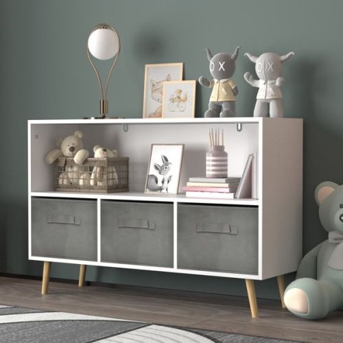 Kids bookcase with Collapsible Fabric Drawers, Children's Book Display, Toy Storage Cabinet Organizer, White+Gray Kids bookcase with Collapsible Fabric Drawers, Children's Book Display, Toy Storage Cabinet Organizer, White+Gray