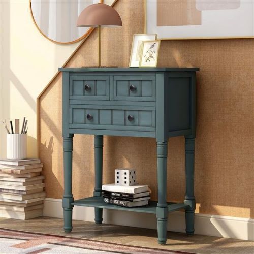 Narrow Console Table, Slim Sofa Table with Three Storage Drawers and Bottom Shelf for Living Room, Easy Assembly (Navy) Narrow Console Table, Slim Sofa Table with Three Storage Drawers and Bottom Shelf for Living Room, Easy Assembly (Navy)
