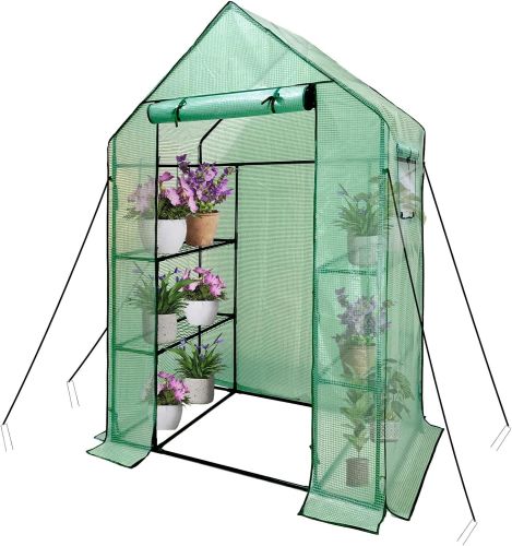 Walk In Greenhouse With Shelves,Walk-In Plant Green House With Durable Green PE Cover, 3 Tiers 6 Shelves Stands with Ground Pegs & Ropes for Stability Walk In Greenhouse With Shelves,Walk-In Plant Green House With Durable Green PE Cover, 3 Tiers 6 Shelves Stands with Ground Pegs & Ropes for Stability