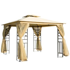 10' x 10' Metal Patio Gazebo, Double Roof Outdoor Gazebo Canopy Shelter with Tree Motifs Corner Frame and Netting, for Garden, Lawn, Backyard, and Dec