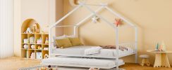 Full Size Metal House Bed with Twin Size Trundle, White