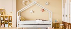 Full Size Metal House Bed with Twin Size Trundle, White