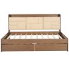Full Size Wood Daybed with Upholstered Storage Shelves, USB Ports and 2 Drawers, Wood Color