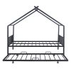 Full Size Metal House Bed with Twin Size Trundle, Black