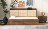 Twin Size Wood Daybed with Upholstered Storage Shelves, USB Ports and 2 Drawers, Wood Color