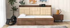 Twin Size Wood Daybed with Upholstered Storage Shelves, USB Ports and 2 Drawers, Wood Color