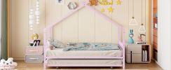 Full Size Metal House Bed with Twin Size Trundle, Pink