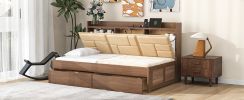 Twin Size Wood Daybed with Upholstered Storage Shelves, USB Ports and 2 Drawers, Wood Color