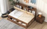 Twin Size Wood Daybed with Upholstered Storage Shelves, USB Ports and 2 Drawers, Wood Color