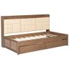 Twin Size Wood Daybed with Upholstered Storage Shelves, USB Ports and 2 Drawers, Wood Color