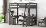 Full Size Loft Bed with U-shaped Desk, Drawers and Storage Shelves, Antique Brown
