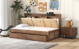 Twin Size Wood Daybed with Upholstered Storage Shelves, USB Ports and 2 Drawers, Wood Color