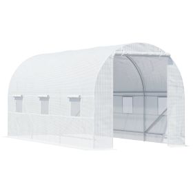 Outsunny 15' x 7' x 7' Walk-In Tunnel Greenhouse, Large Garden Hot House Kit with 6 Roll-up Windows & Roll Up Door, Steel Frame, White (Color: as Pic)